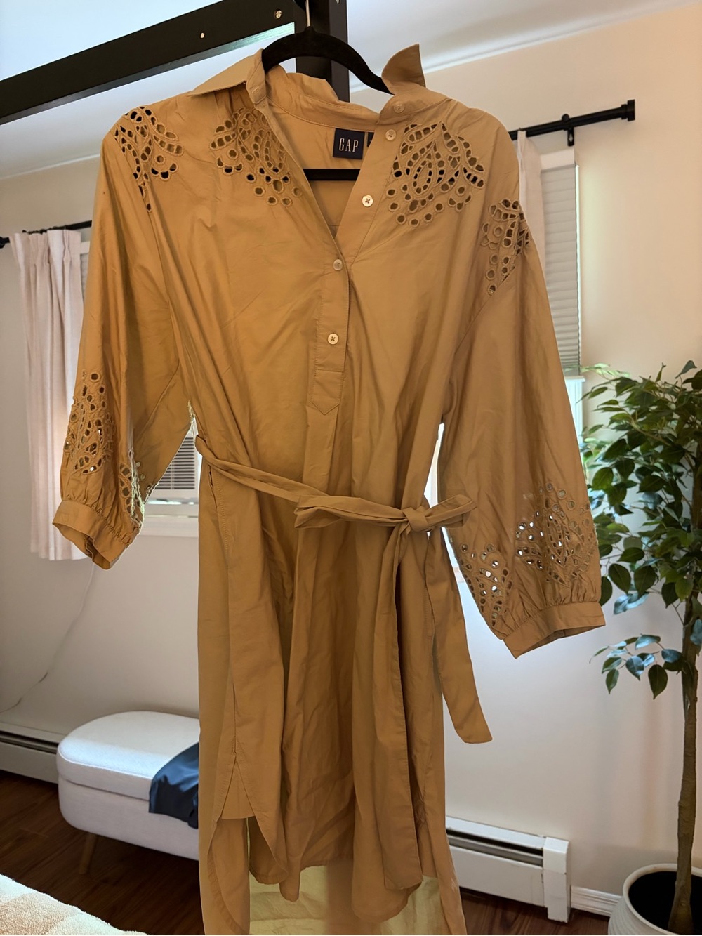 GAP Tan Eyelet-Trim Shirt Dress with Waist Tie